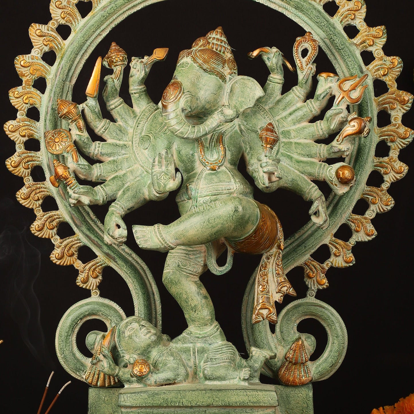 Brass Dancing Ganesha Statue - 25.5" Height, Antique Green Patina Finish - Budhshiv.com