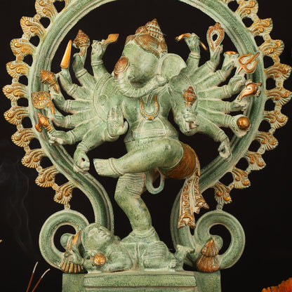 Brass Dancing Ganesha Statue - 25.5" Height, Antique Green Patina Finish - Budhshiv.com