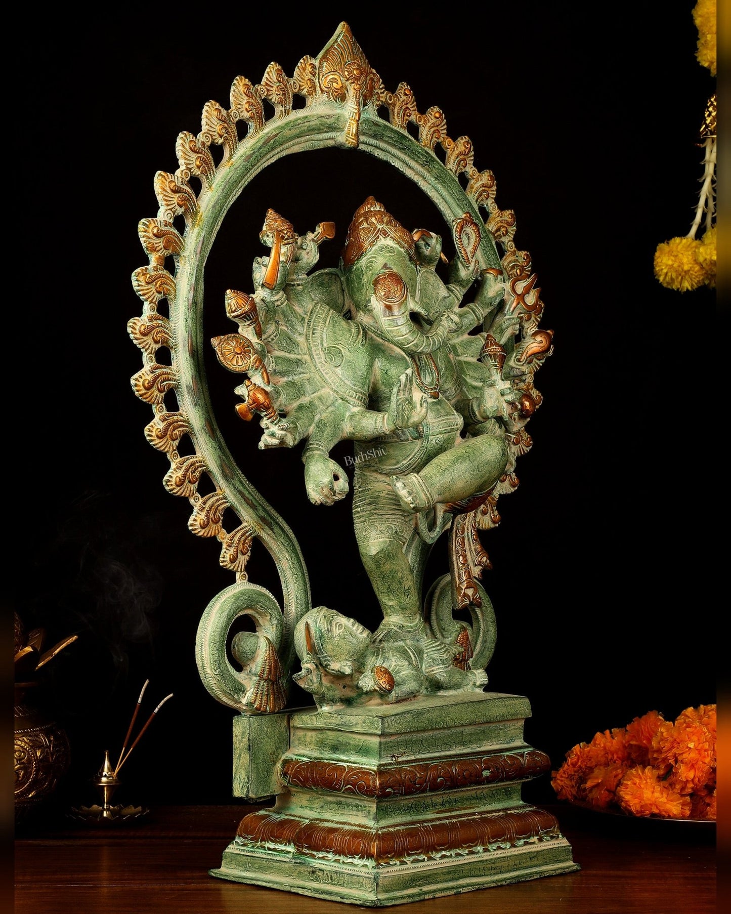 Brass Dancing Ganesha Statue - 25.5" Height, Antique Green Patina Finish - Budhshiv.com