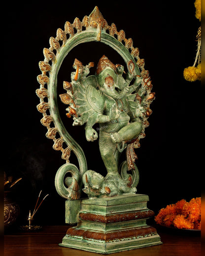 Brass Dancing Ganesha Statue - 25.5" Height, Antique Green Patina Finish - Budhshiv.com