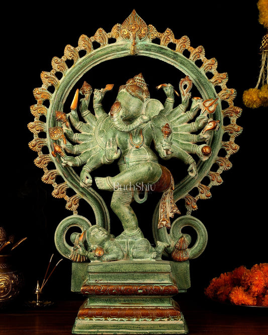 Brass Dancing Ganesha Statue - 25.5" Height, Antique Green Patina Finish - Budhshiv.com