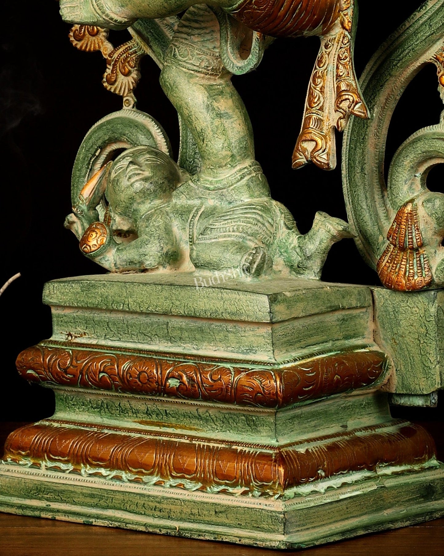Brass Dancing Ganesha Statue - 25.5" Height, Antique Green Patina Finish - Budhshiv.com