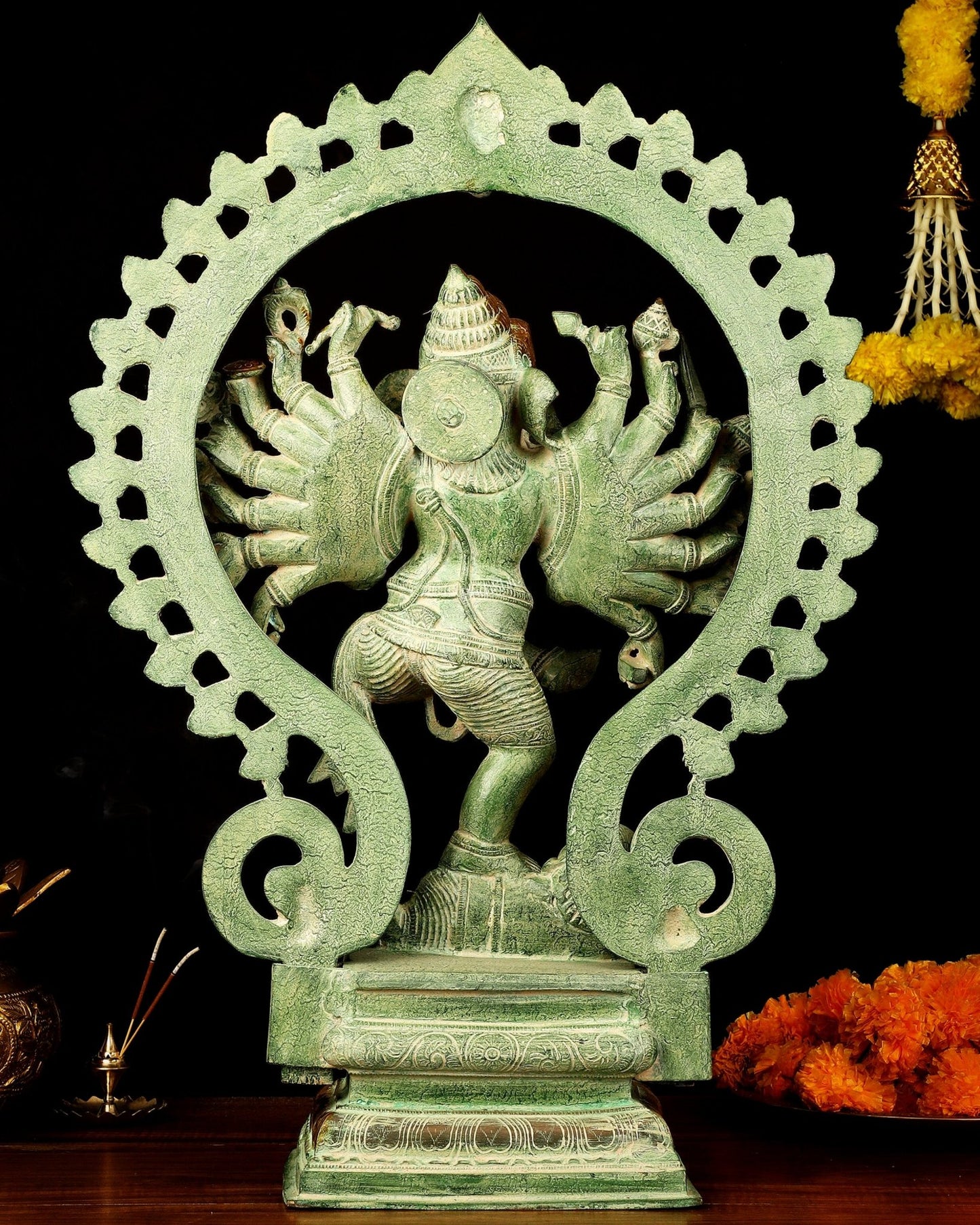 Brass Dancing Ganesha Statue - 25.5" Height, Antique Green Patina Finish - Budhshiv.com
