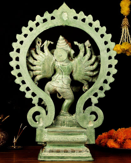 Brass Dancing Ganesha Statue - 25.5" Height, Antique Green Patina Finish - Budhshiv.com