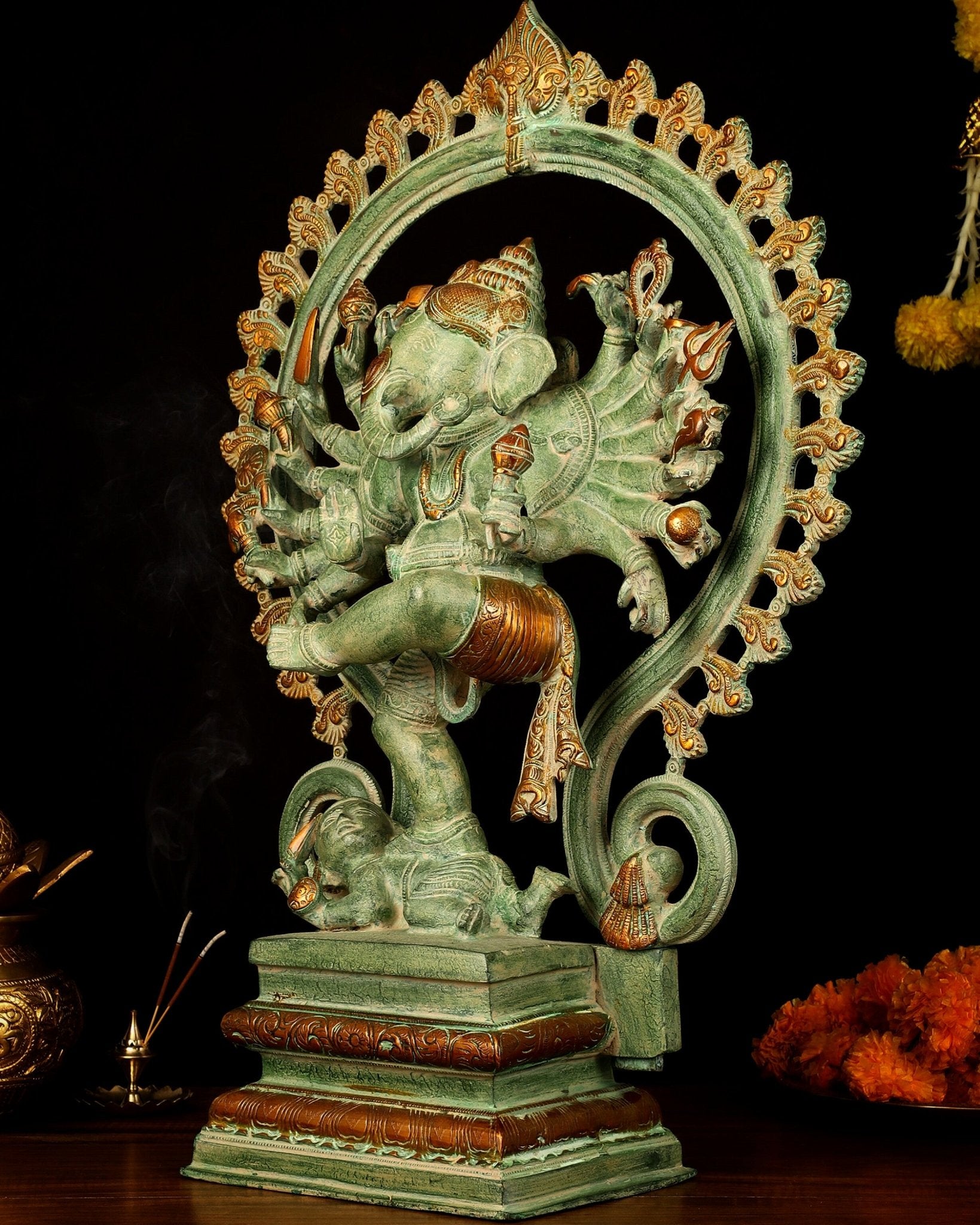 Brass Dancing Ganesha Statue - 25.5" Height, Antique Green Patina Finish - Budhshiv.com