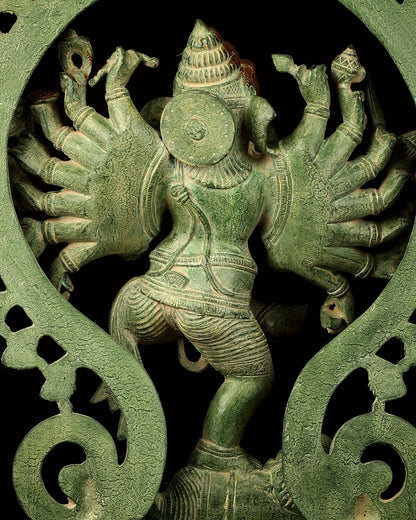 Brass Dancing Ganesha Statue - 25.5" Height, Antique Green Patina Finish - Budhshiv.com