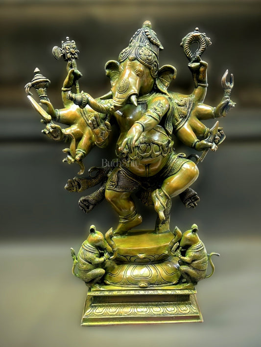 Brass Dancing Ganesha Statue - 26 Inch, Antique Bronze Patina Finish - Budhshiv.com
