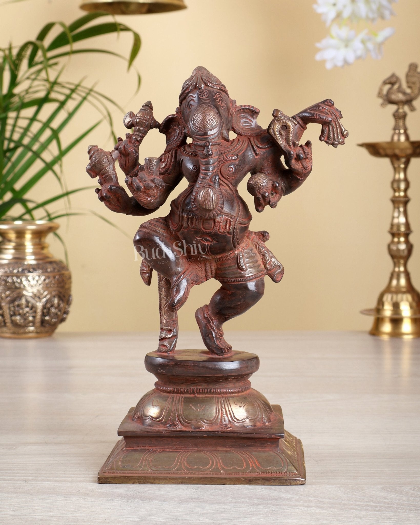 Brass Dancing Ganesha Statue – Red Sand Finish with Silver Patina | 9.5 Inch - Budhshiv.com