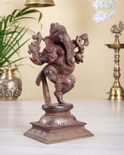 Brass Dancing Ganesha Statue – Red Sand Finish with Silver Patina | 9.5 Inch - Budhshiv.com