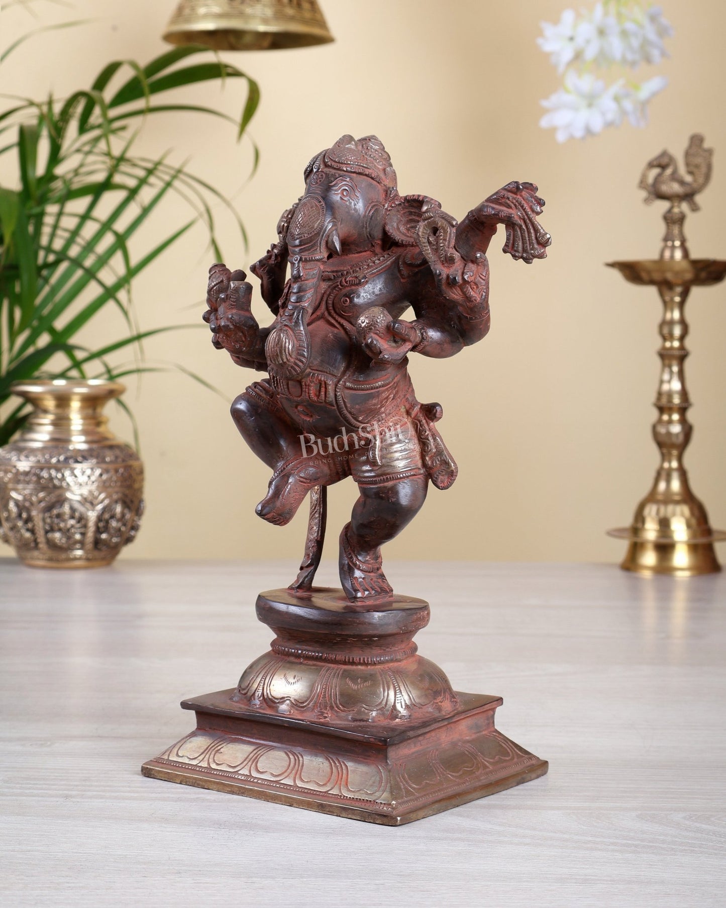 Brass Dancing Ganesha Statue – Red Sand Finish with Silver Patina | 9.5 Inch - Budhshiv.com