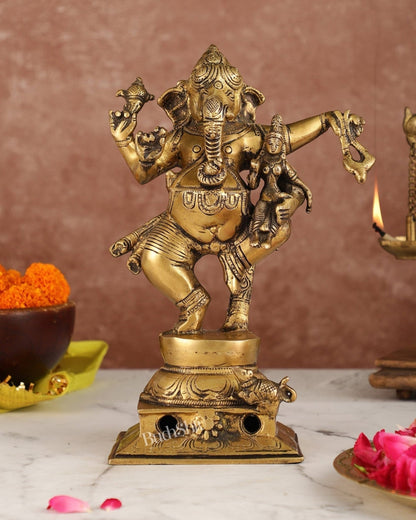 Brass Dancing Ganesha with Siddhi Idol | 10.5" Height | Divine Harmony - Budhshiv.com