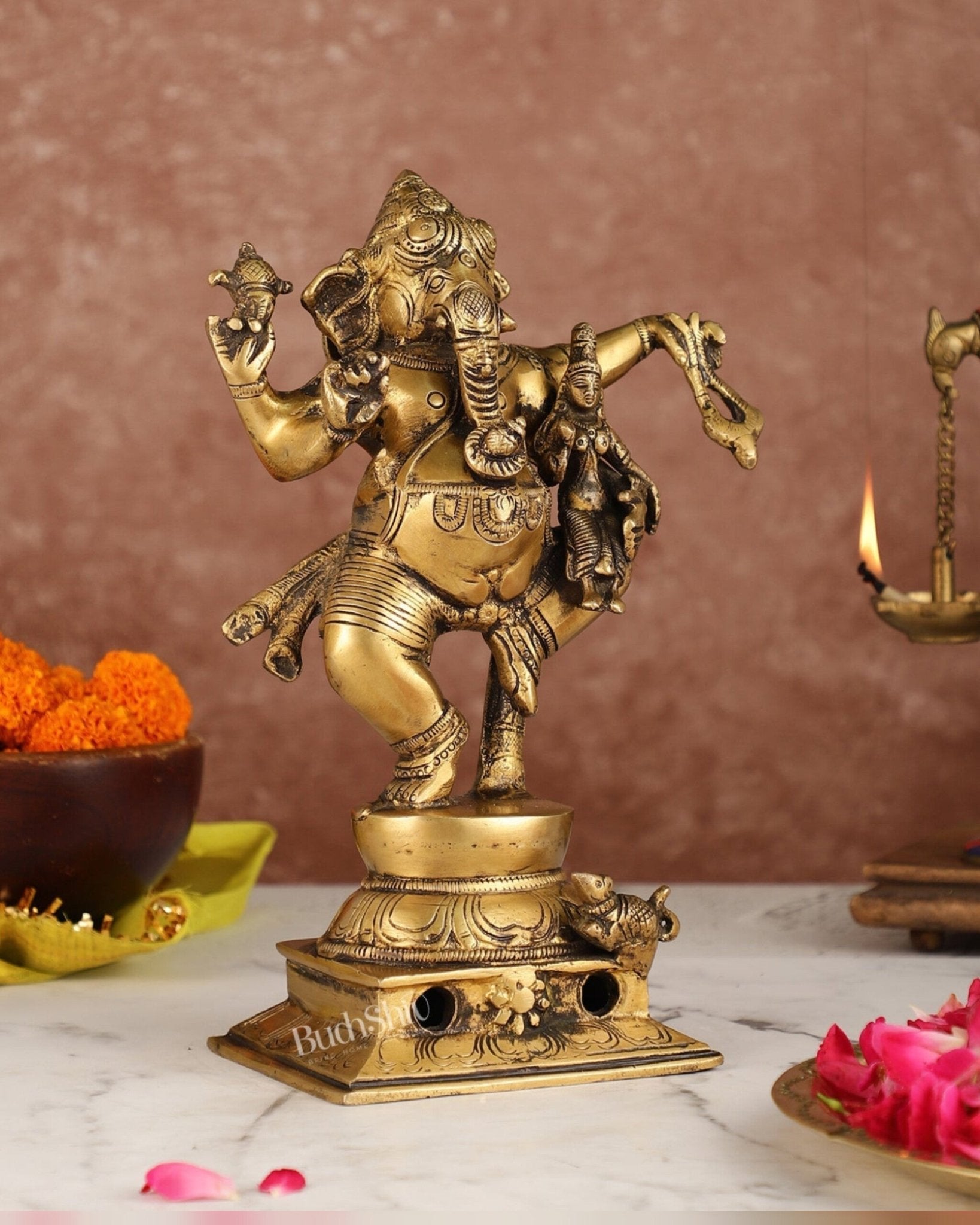 Brass Dancing Ganesha with Siddhi Idol | 10.5" Height | Divine Harmony - Budhshiv.com