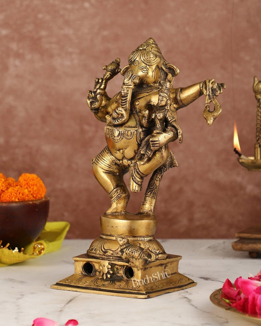 Brass Dancing Ganesha with Siddhi Idol | 10.5" Height | Divine Harmony - Budhshiv.com
