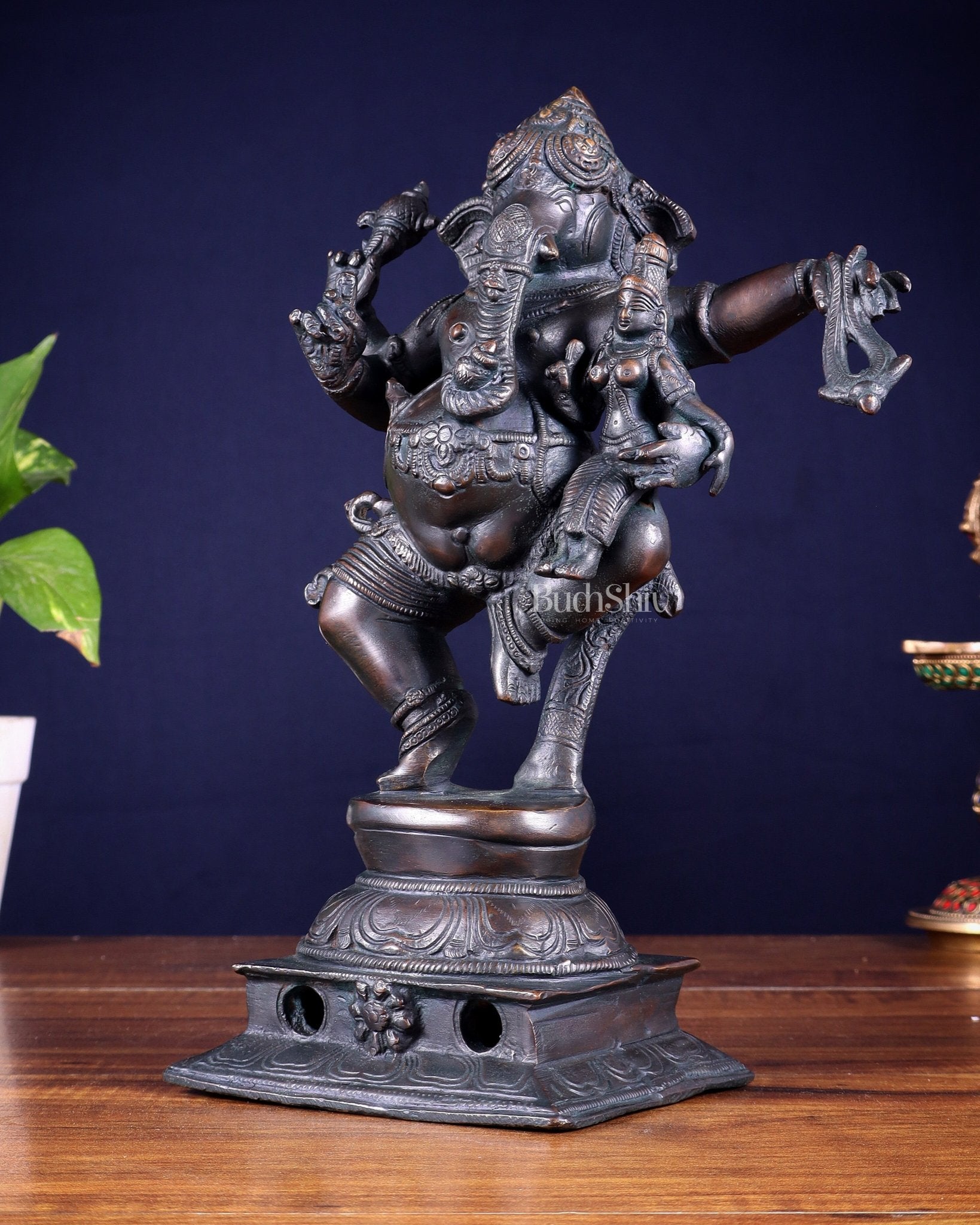Brass Dancing Ganesha with Siddhi Idol | 10.5" Height - Budhshiv.com