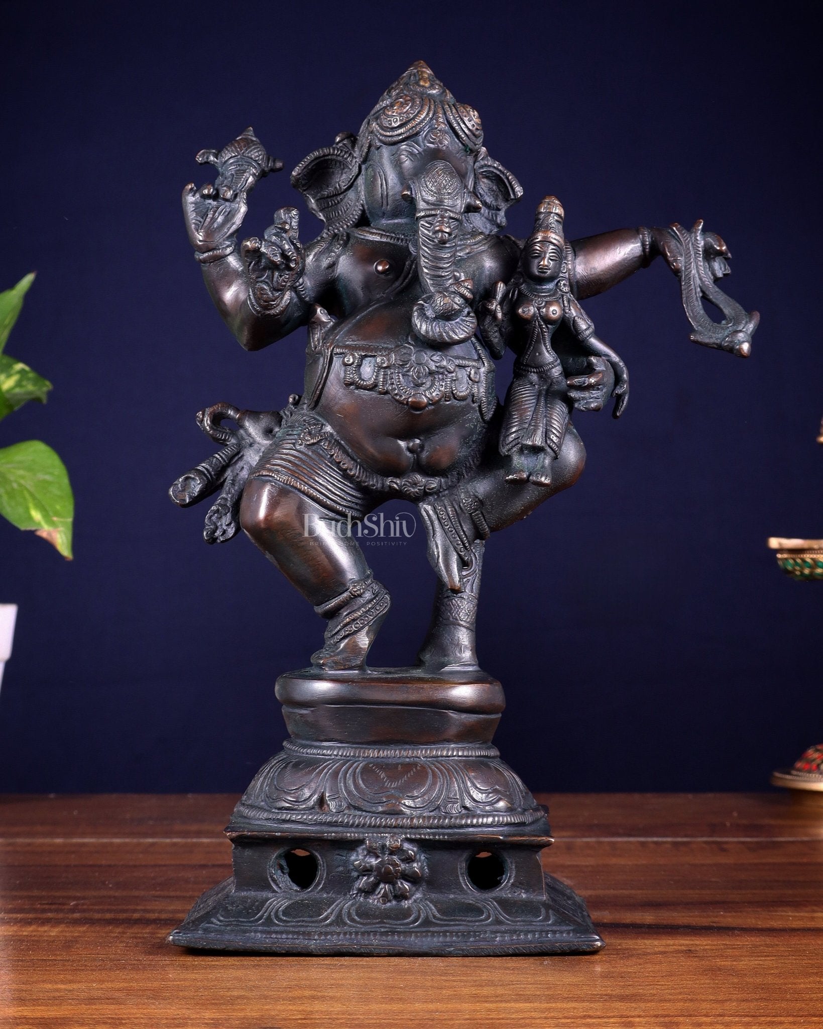 Brass Dancing Ganesha with Siddhi Idol | 10.5" Height - Budhshiv.com