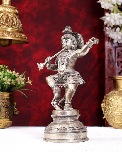 Brass Dancing Krishna Idol | Height: 9 inch with silver plated - Budhshiv.com