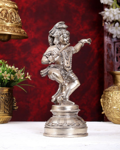 Brass Dancing Krishna Idol | Height: 9 inch with silver plated - Budhshiv.com