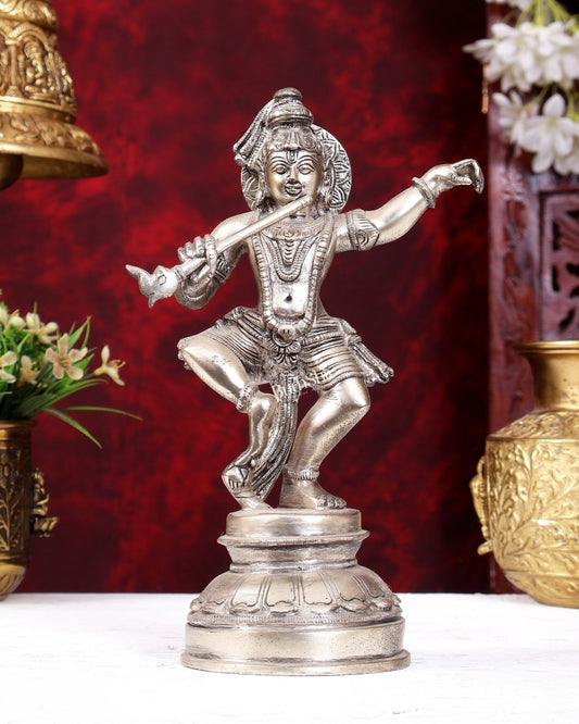 Brass Dancing Krishna Idol | Height: 9 inch with silver plated - Budhshiv.com