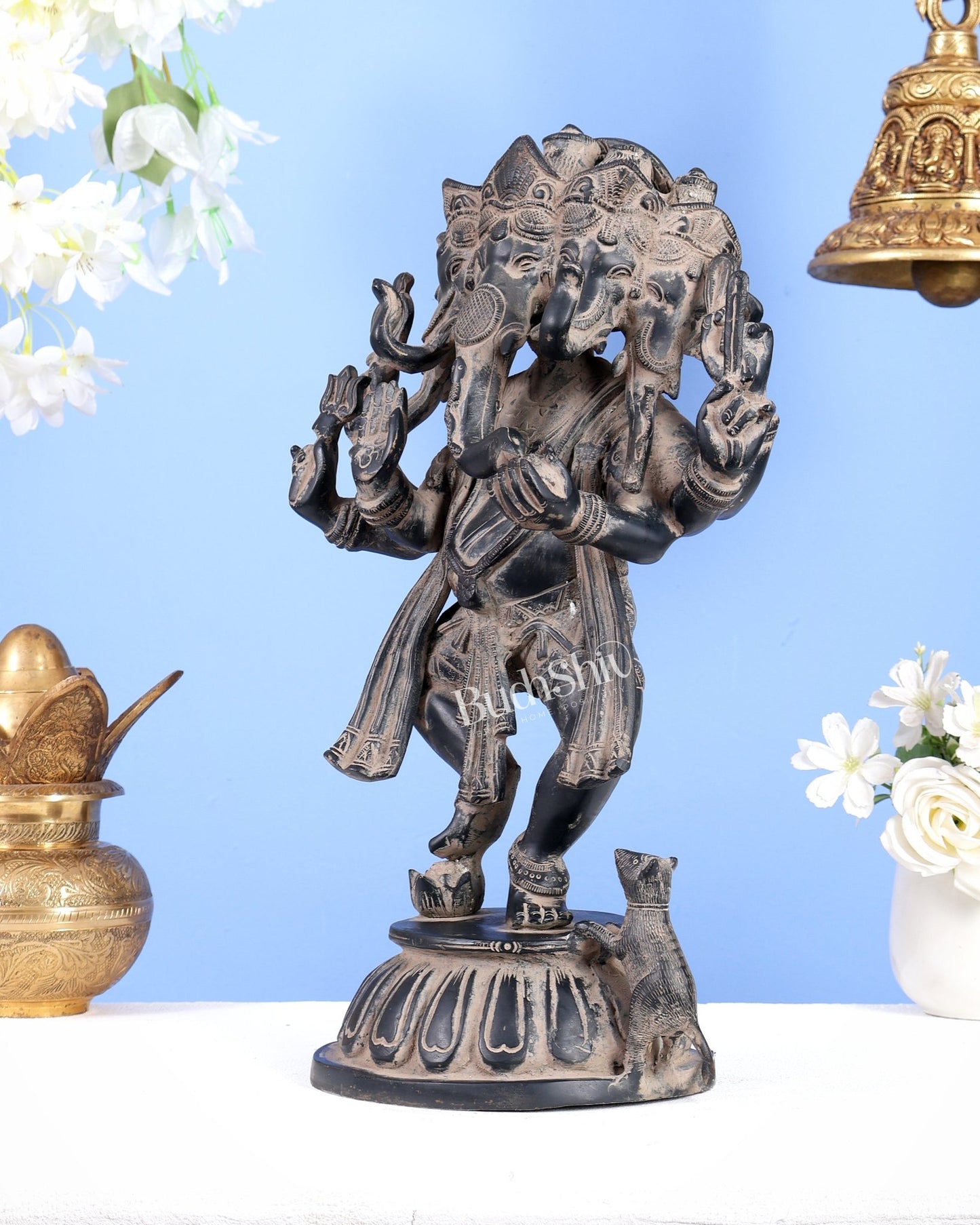 Brass Dancing Panchmukhi Ganesha Statue - 15 Inch tall Rustic Patina - Budhshiv.com