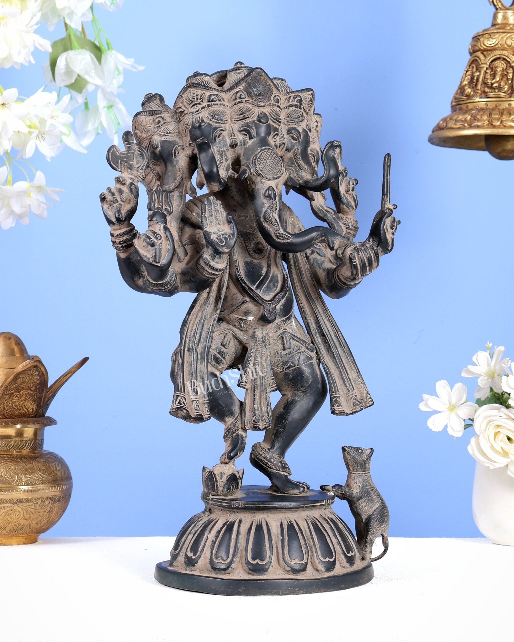 Brass Dancing Panchmukhi Ganesha Statue - 15 Inch tall Rustic Patina - Budhshiv.com