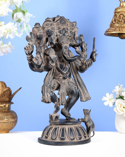 Brass Dancing Panchmukhi Ganesha Statue - 15 Inch tall Rustic Patina - Budhshiv.com