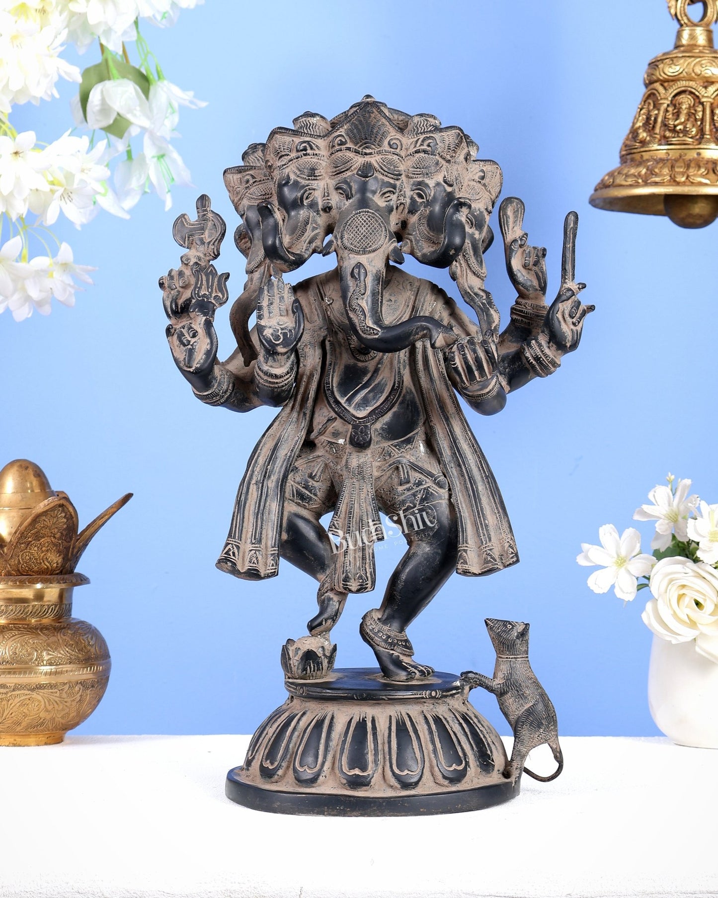 Brass Dancing Panchmukhi Ganesha Statue - 15 Inch tall Rustic Patina - Budhshiv.com