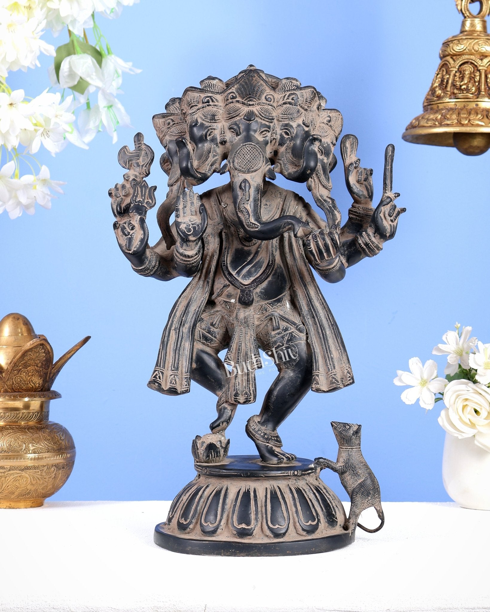 Brass Dancing Panchmukhi Ganesha Statue - 15 Inch tall Rustic Patina - Budhshiv.com