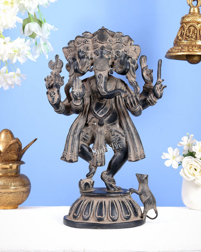 Brass Dancing Panchmukhi Ganesha Statue - 15 Inch tall Rustic Patina - Budhshiv.com