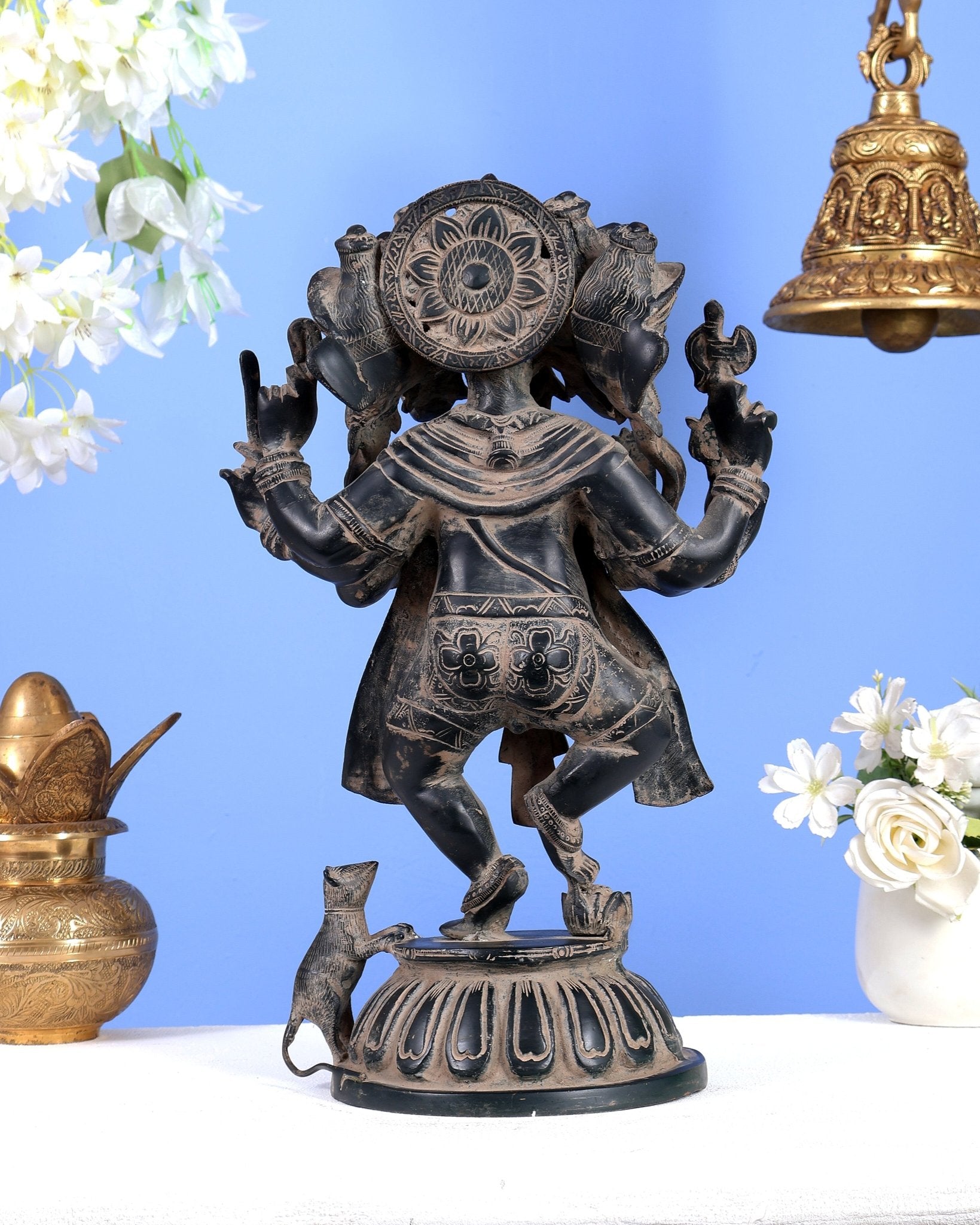 Brass Dancing Panchmukhi Ganesha Statue - 15 Inch tall Rustic Patina - Budhshiv.com