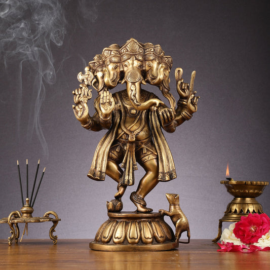 Brass Dancing Panchmukhi Ganesha Statue - 15 Inch tall - Budhshiv.com