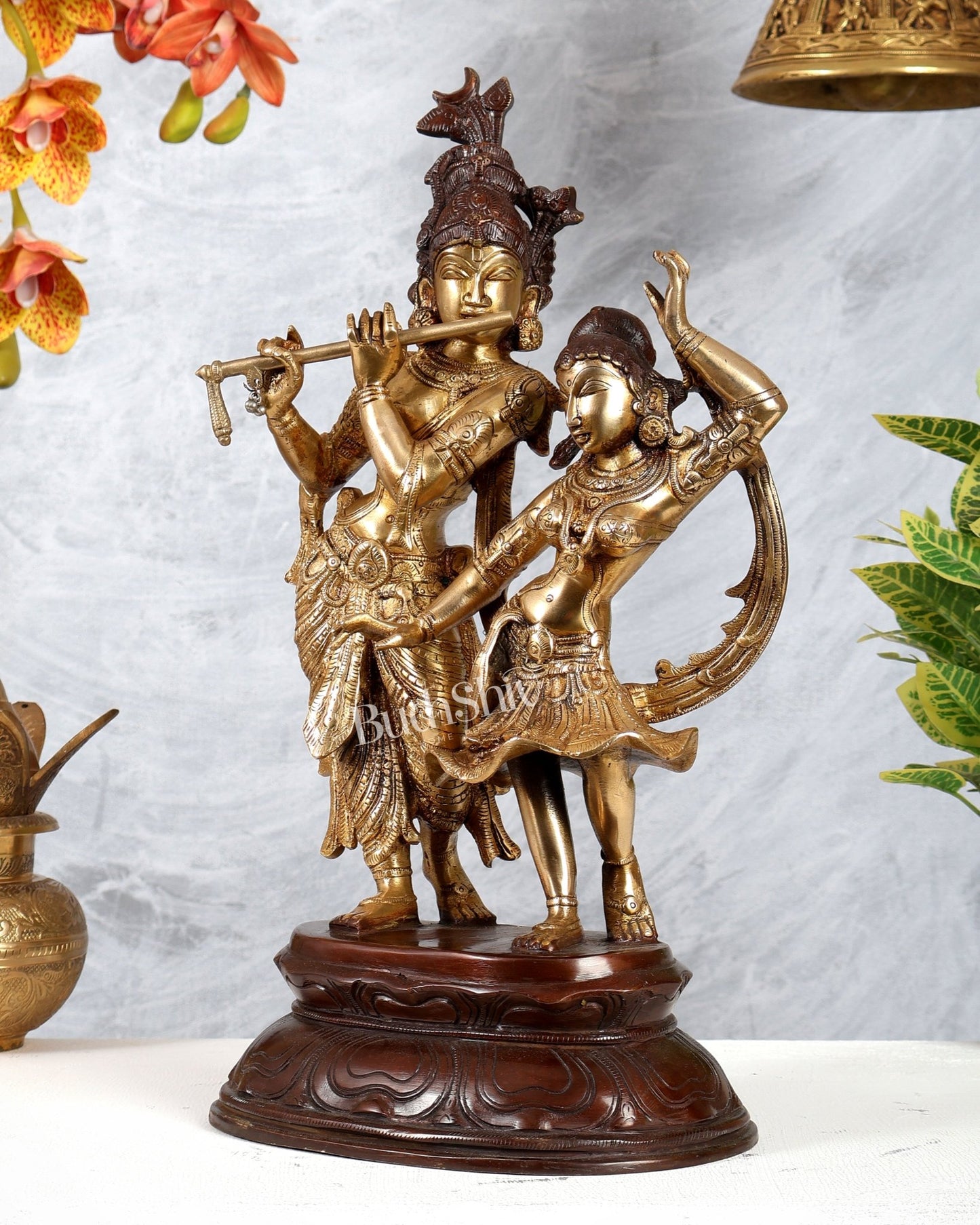 Brass Dancing Radha Krishna Statue – Dual Tone Finish Divine Sculpture (16 Inches) - Budhshiv.com