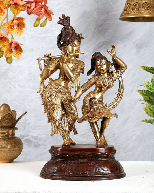 Brass Dancing Radha Krishna Statue – Dual Tone Finish Divine Sculpture (16 Inches) - Budhshiv.com