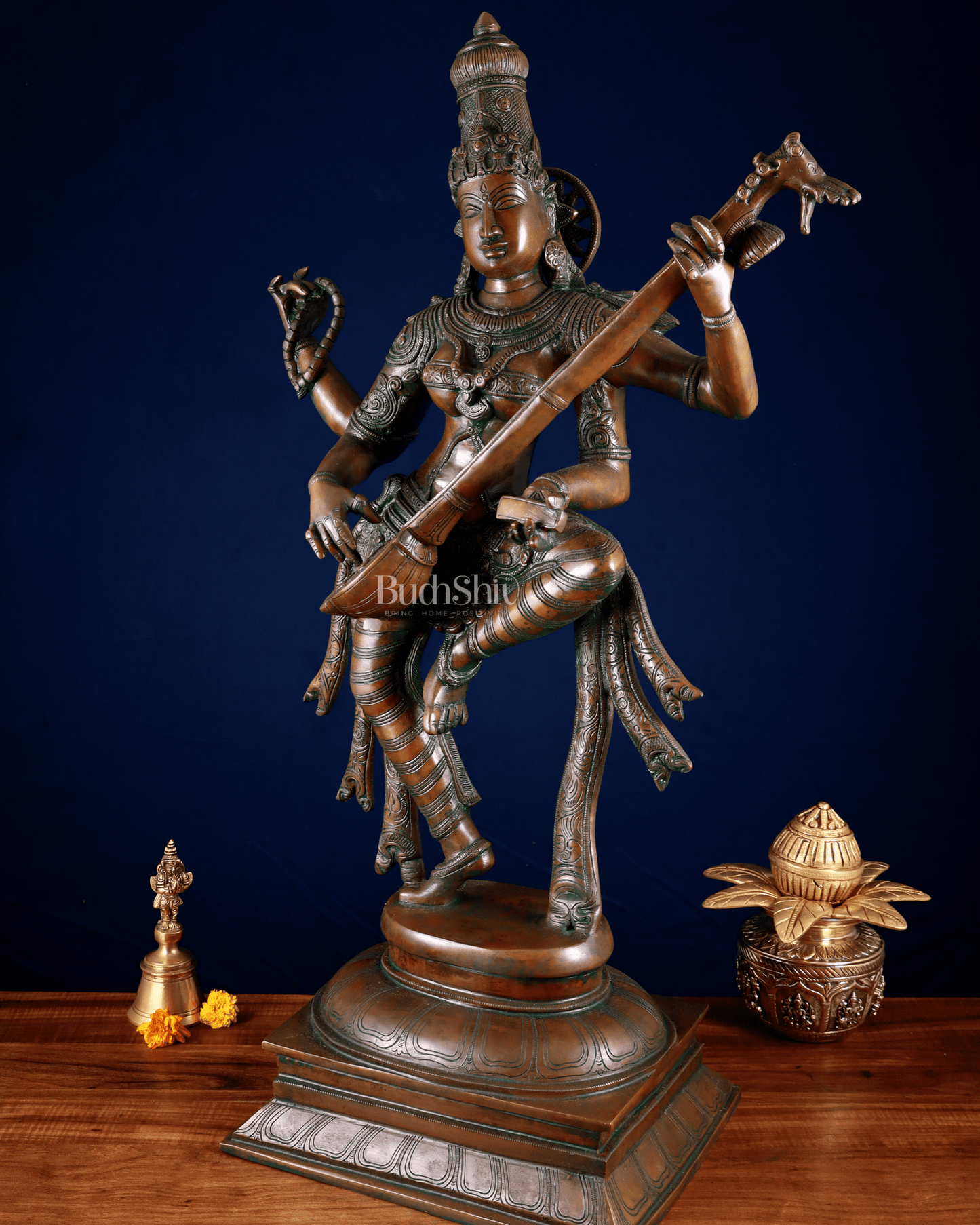 Brass Dancing Saraswati Idol 32" added copper - Budhshiv.com