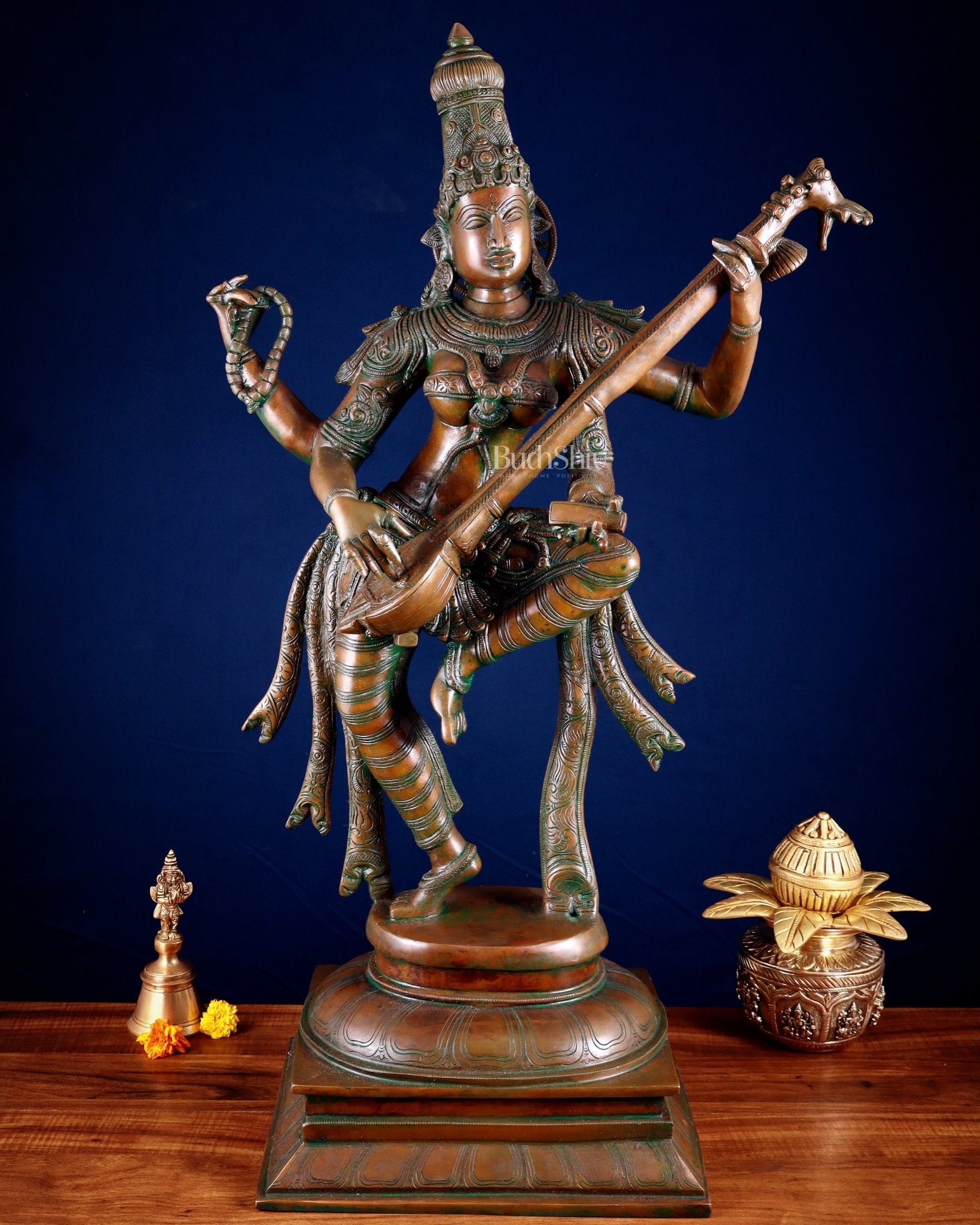 Brass Dancing Saraswati Idol 32" added copper - Budhshiv.com
