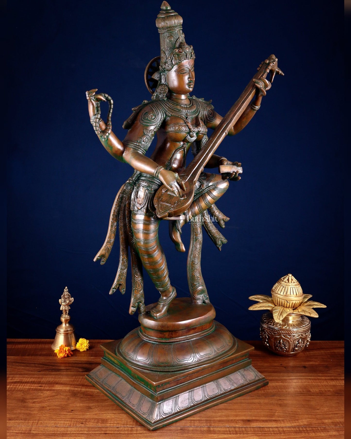 Brass Dancing Saraswati Idol 32" added copper - Budhshiv.com