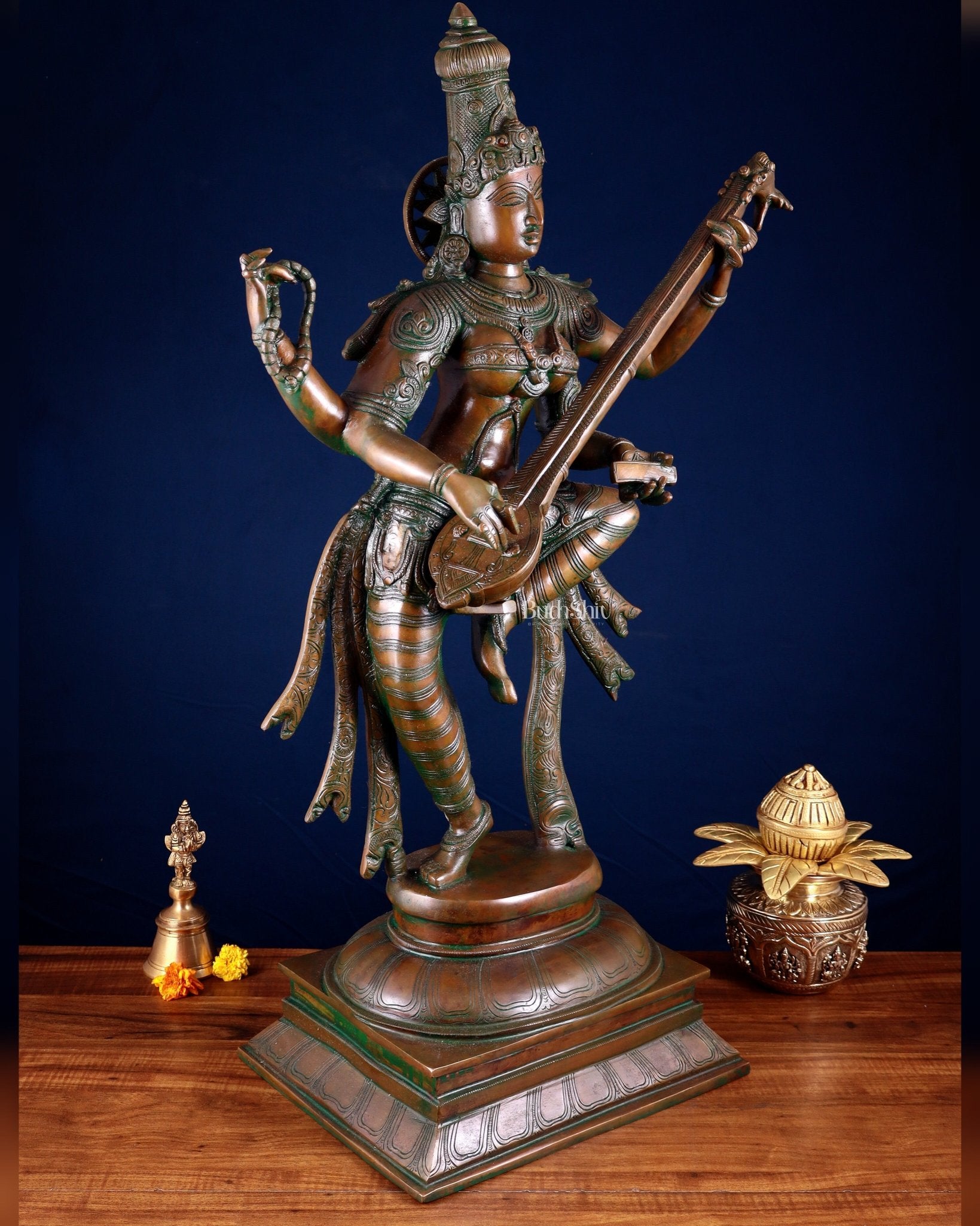 Brass Dancing Saraswati Idol 32" added copper - Budhshiv.com