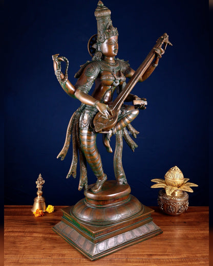 Brass Dancing Saraswati Idol 32" added copper - Budhshiv.com