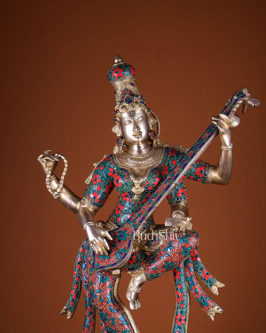 Brass Dancing Saraswati statue 32" with stonework - Budhshiv.com