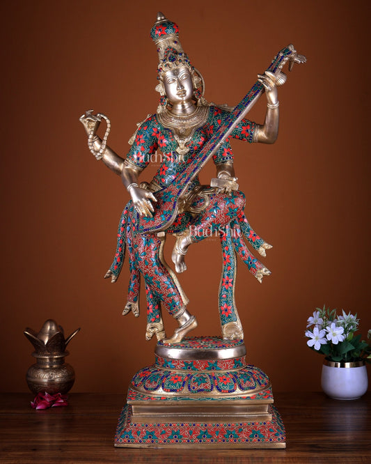 Brass Dancing Saraswati statue 32" with stonework - Budhshiv.com
