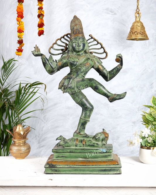 Brass Dancing Shiva Nataraja statue 27 inch Green antique tone - Budhshiv.com