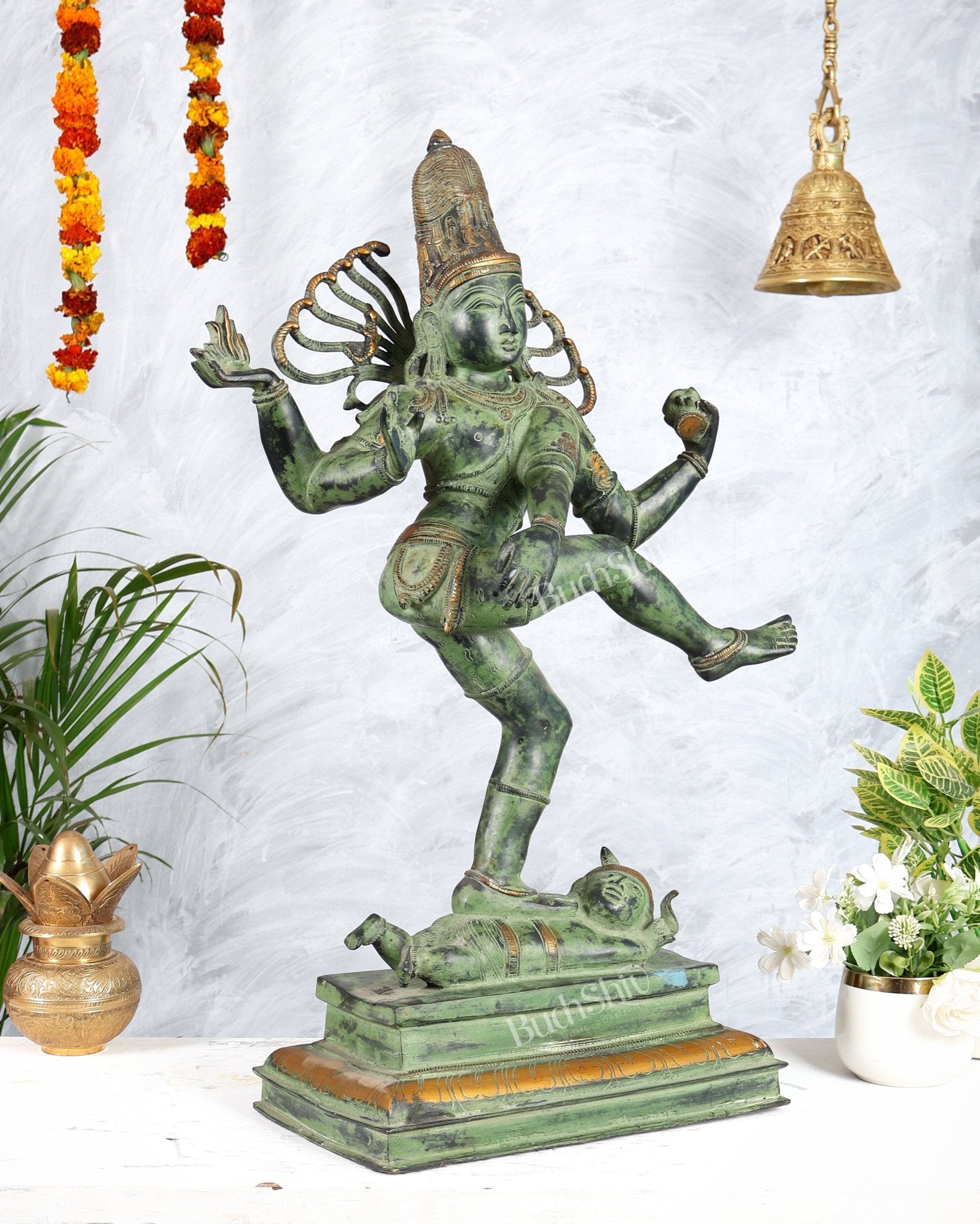 Brass Dancing Shiva Nataraja statue 27 inch Green antique tone - Budhshiv.com
