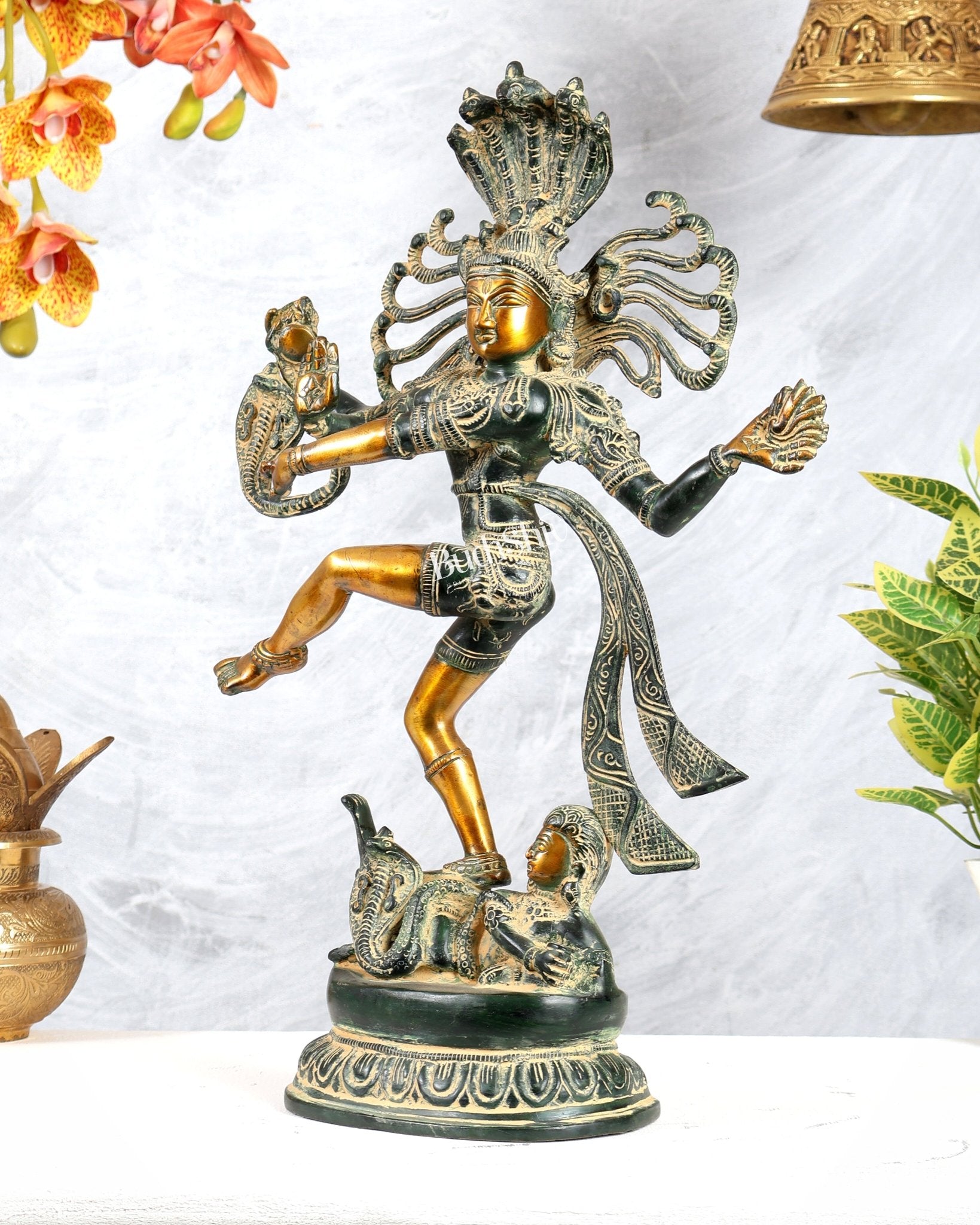 Brass Dancing Shiva Nataraja Statue Without Fire Ring – Vintage Henna Green Sand Finish (17.5 Inches) - Budhshiv.com