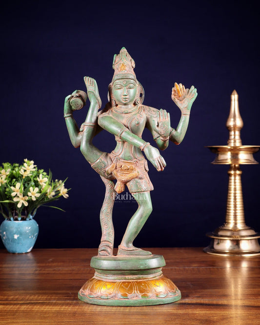 Brass Dancing Shiva Rudratandava Sculpture green patina tone 12 inch - Budhshiv.com