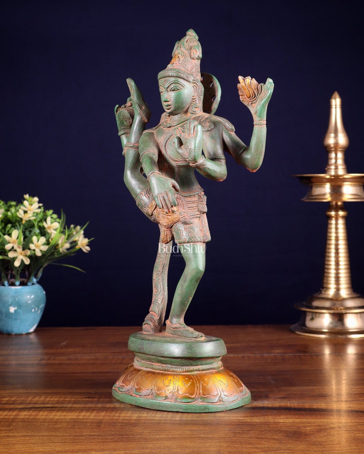 Brass Dancing Shiva Rudratandava Sculpture green patina tone 12 inch - Budhshiv.com