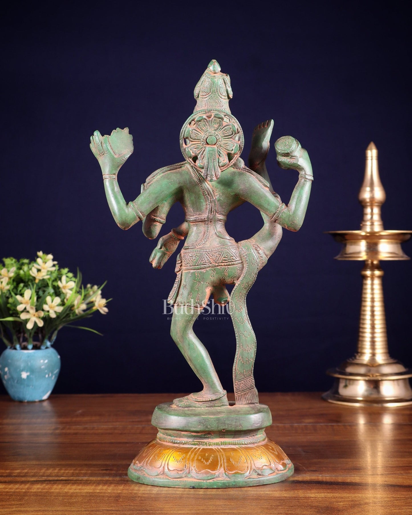 Brass Dancing Shiva Rudratandava Sculpture green patina tone 12 inch - Budhshiv.com
