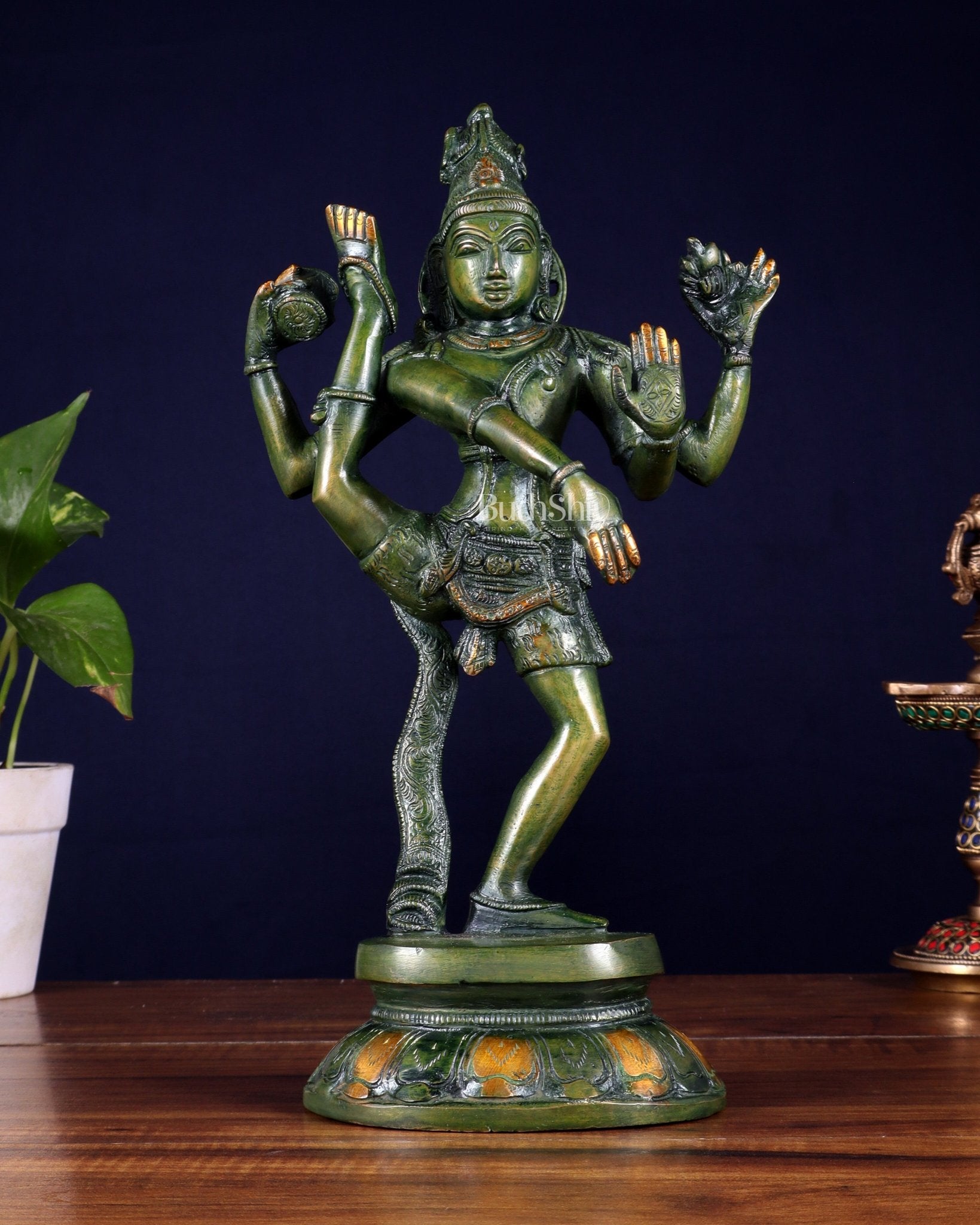 Brass Dancing Shiva Rudratandava Sculpture green tone 12 inch - Budhshiv.com