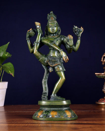 Brass Dancing Shiva Rudratandava Sculpture green tone 12 inch - Budhshiv.com