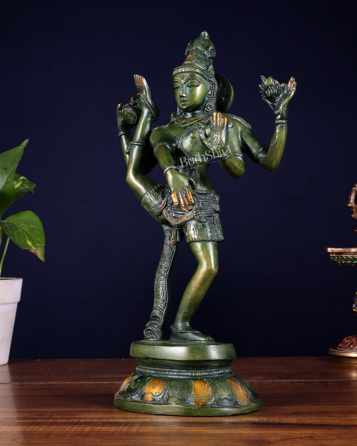 Brass Dancing Shiva Rudratandava Sculpture green tone 12 inch - Budhshiv.com