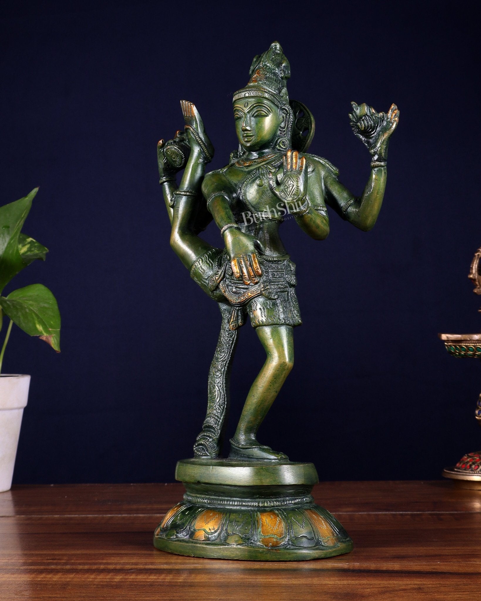 Brass Dancing Shiva Rudratandava Sculpture green tone 12 inch - Budhshiv.com