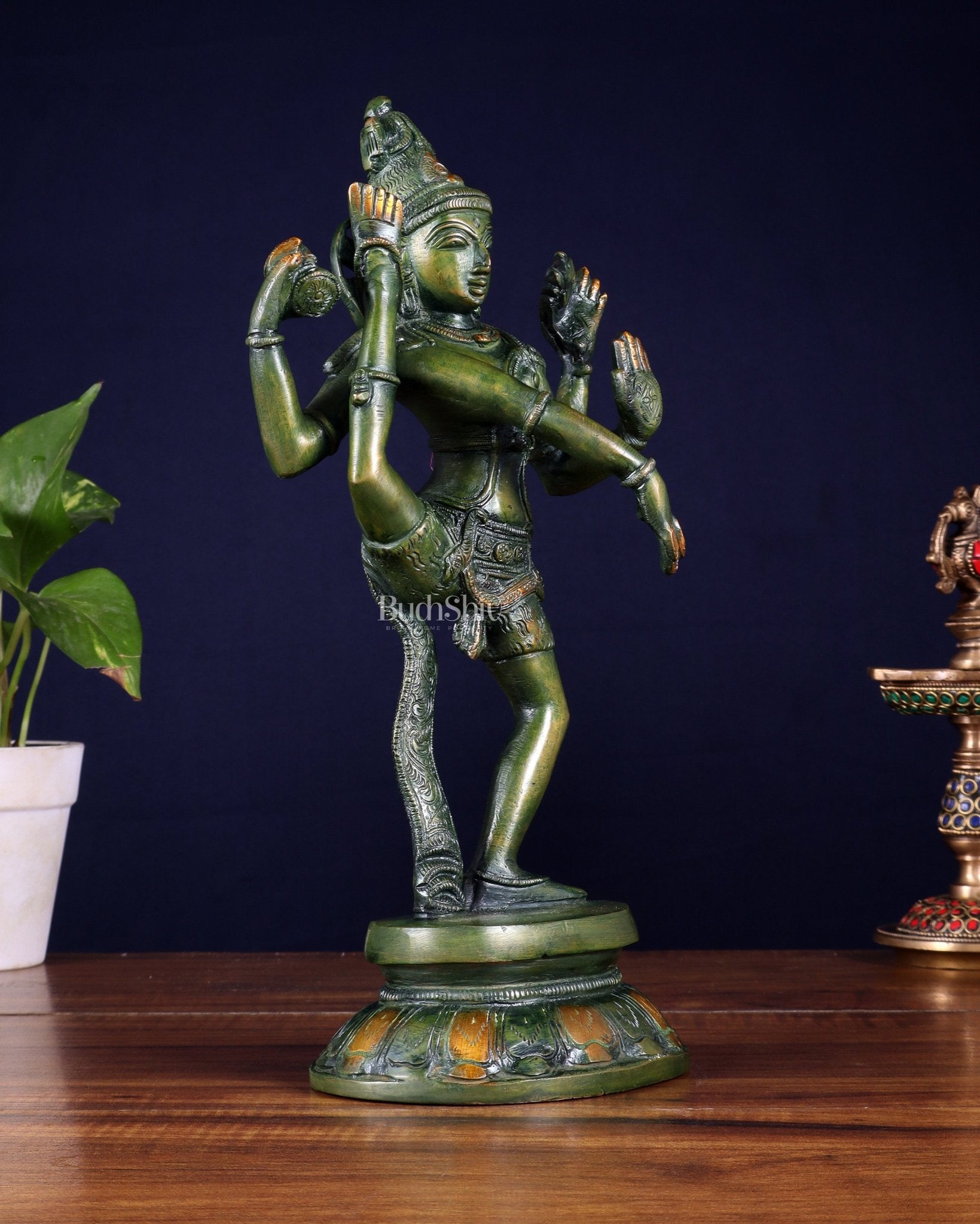 Brass Dancing Shiva Rudratandava Sculpture green tone 12 inch - Budhshiv.com